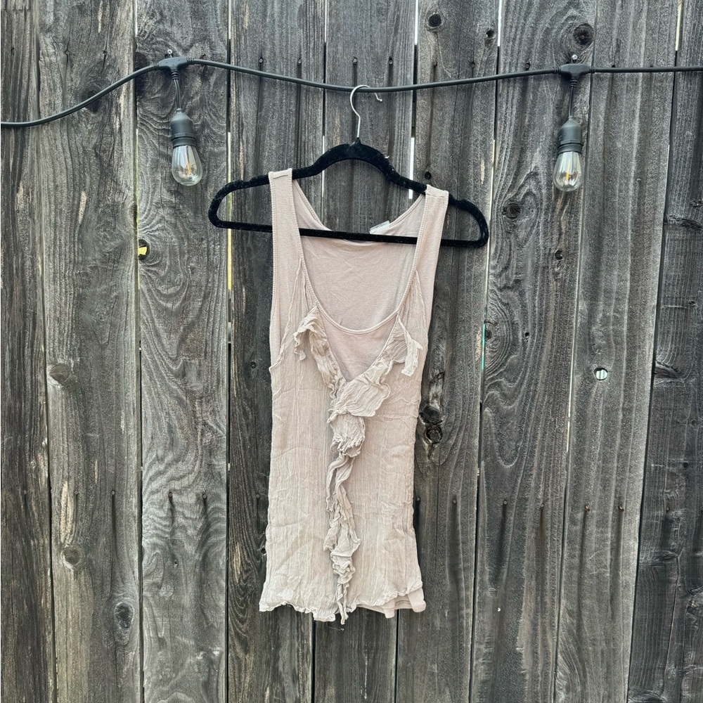 LinQ Los Angeles Greyish Purple Ruffle-Front Silk Sleeveless Blouse w Keyhole XS